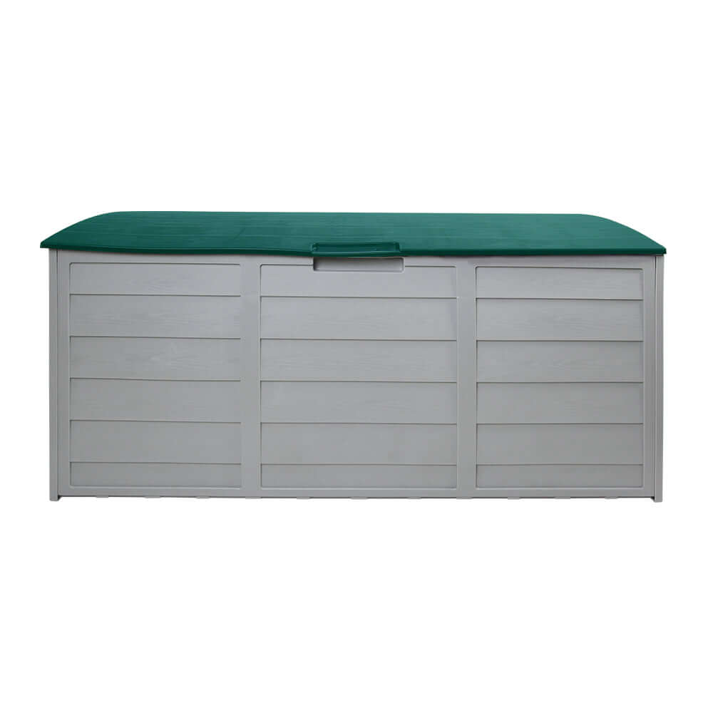 Gardeon Outdoor Storage Box 290L in green and grey, ideal for garden tools and seasonal items, weather-resistant and practical.