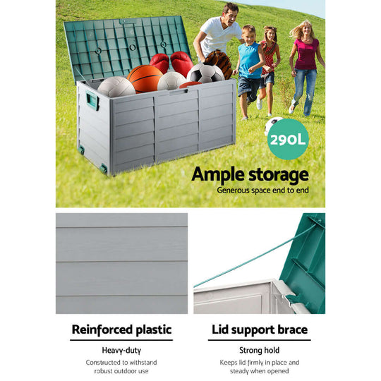 Gardeon 290L Outdoor Storage Box, weather-resistant organizer for garden tools and toys, offering ample space and durability.