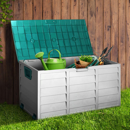 Gardeon 290L outdoor storage box with gardening tools, weather-resistant and lockable for organized DIY storage.