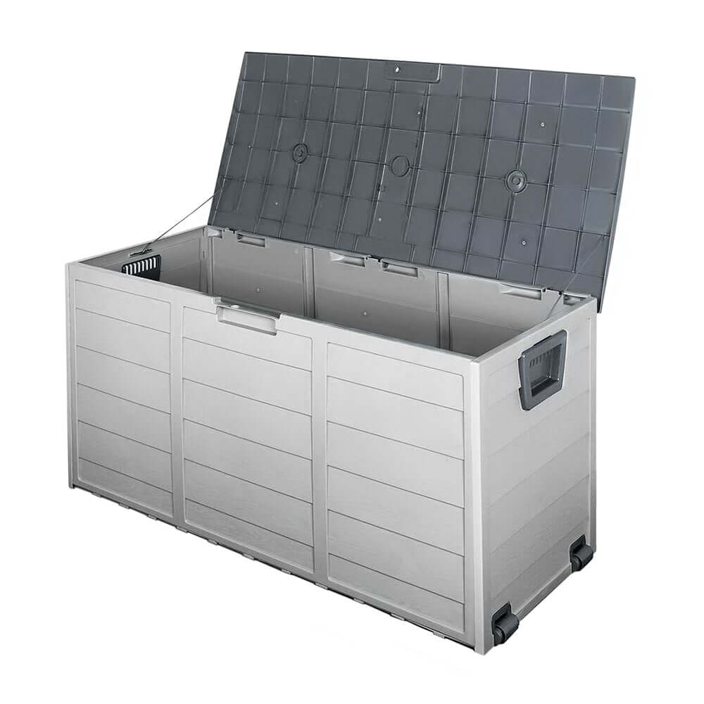 Gardeon 290L outdoor storage box in grey, weather-resistant and lockable for garden tools and toys.