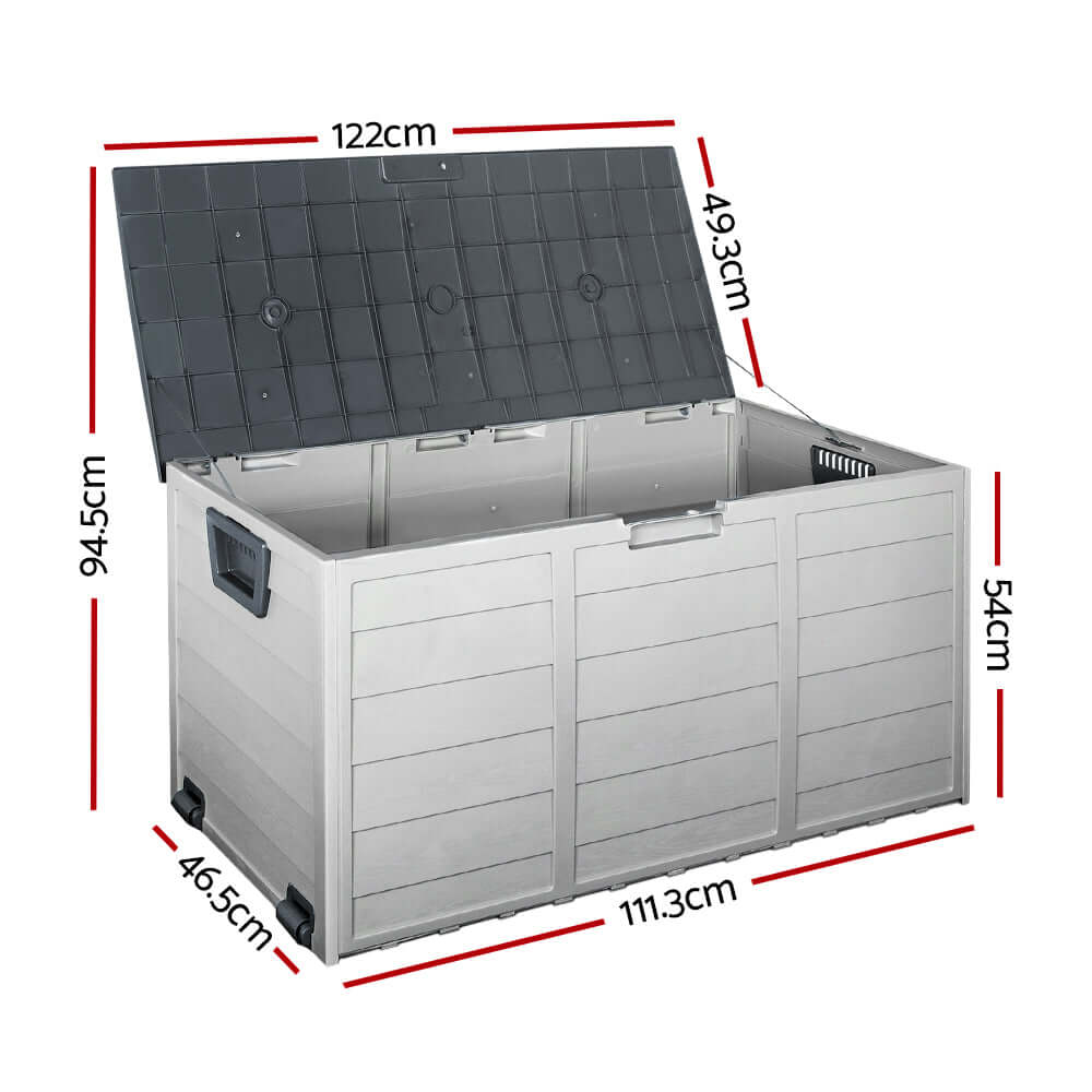 Gardeon 290L outdoor storage box with measurements, grey color, sturdy design for garden tools and seasonal items.