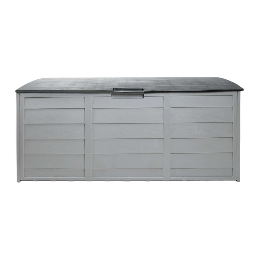 Gardeon 290L lockable outdoor storage box in grey for garden tools and seasonal items.