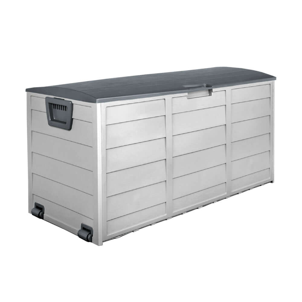 Gardeon 290L outdoor storage box in grey, weather-resistant and lockable, ideal for tools and toys.