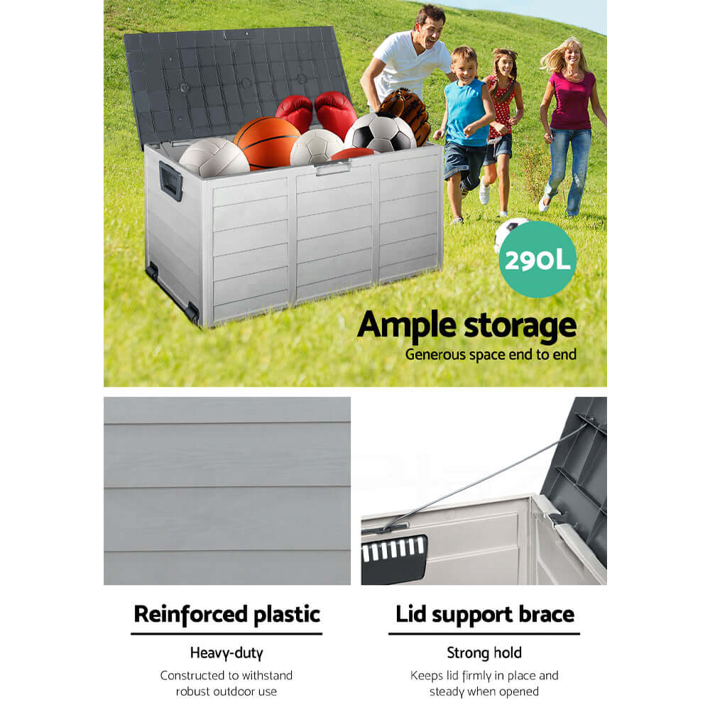 Gardeon 290L outdoor storage box showing ample space for tools and toys, made of reinforced plastic for weather resistance.