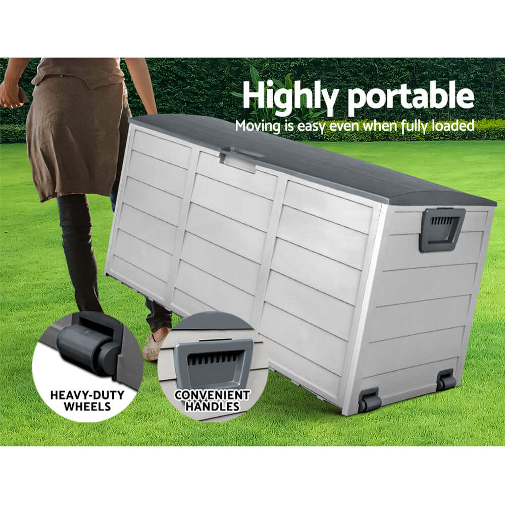 Gardeon 290L outdoor storage box with wheels and handles, portable garden tool organizer, weather-resistant design.