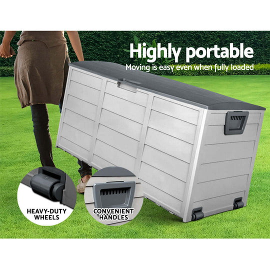 Gardeon 290L outdoor storage box with wheels and handles, portable garden tool organizer, weather-resistant design.