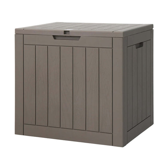 Gardeon 118L outdoor storage box in grey, weather-resistant, ideal for garden tools, toys, and seasonal items.