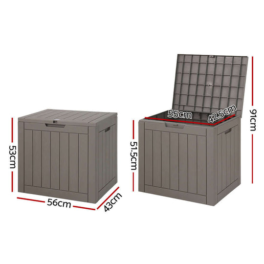 Gardeon 118L outdoor storage box dimensions in grey, perfect for garden tools and toys, affordable weather-resistant solution.