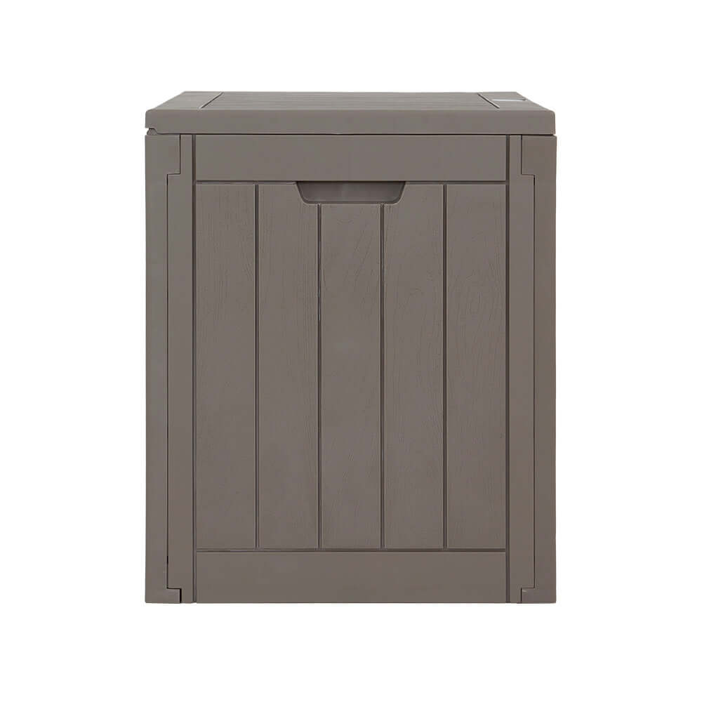 Gardeon 118L outdoor storage box, lockable, weather-resistant, affordable garden tool shed in grey.