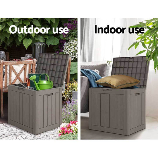 Gardeon 118L outdoor storage box shown in garden and indoor settings for versatile storage solutions.