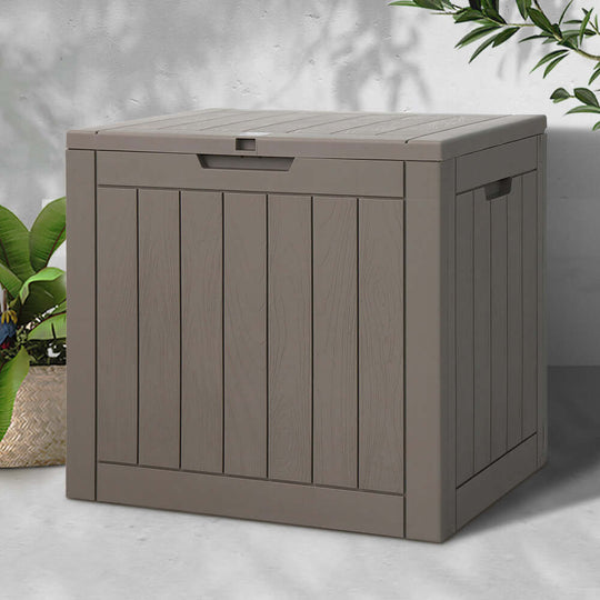 Gardeon 118L outdoor storage box in grey, weather-resistant, perfect for garden tools and toys, affordable DIY storage solution.