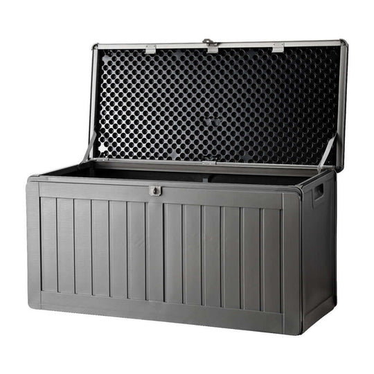 Gardeon 190L black outdoor storage box with an open lid for easy access, perfect for garden tools and seasonal items.