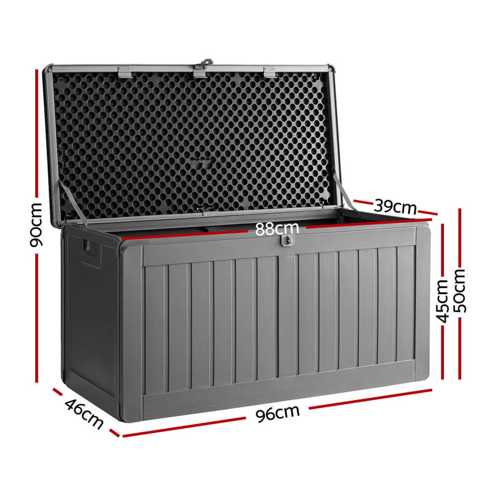 Gardeon outdoor storage box 190L dimensions, lockable garden bench tool shed in black, perfect for DIY and affordable storage solutions.