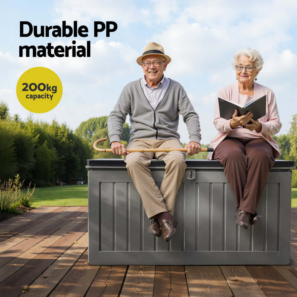 Seniors sitting on a durable outdoor storage box, showcasing 200kg capacity and weather-resistant design.