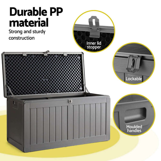 Gardeon 190L Outdoor Storage Box features durable PP material, lockable design, and moulded handles for sturdy outdoor storage.