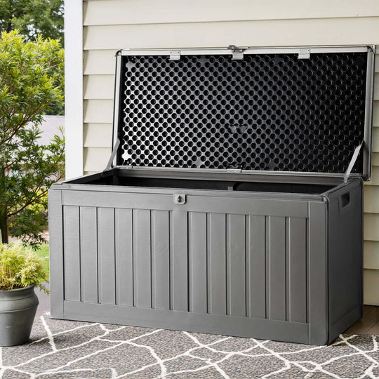 Gardeon 190L lockable outdoor storage box in black, perfect for garden tools and seasonal items.