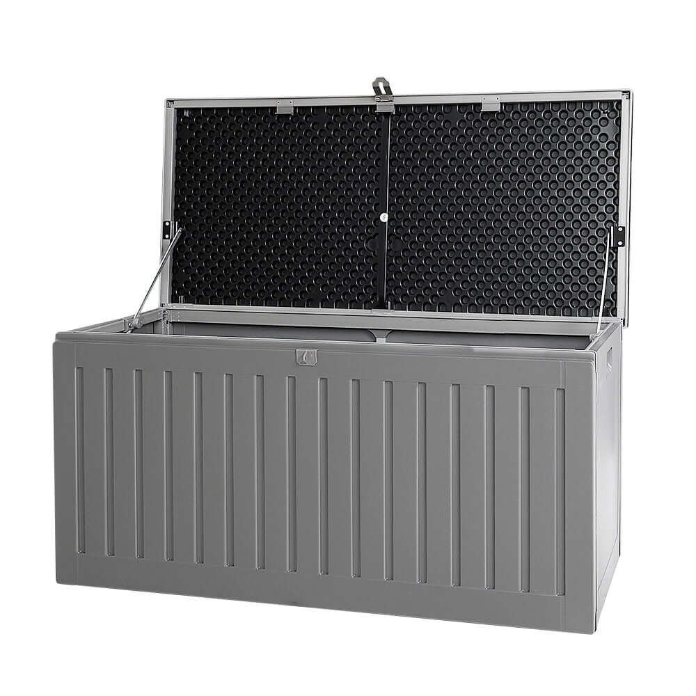 Gardeon 270L outdoor storage box in grey, weather-resistant, lockable, ideal for garden tools and toys.