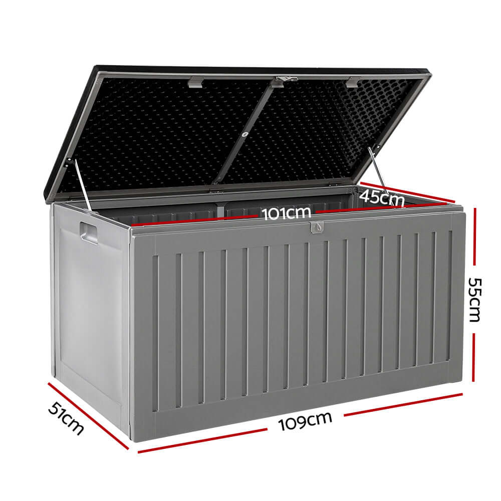 Gardeon 270L outdoor storage box grey with dimensions 101cm x 45cm x 55cm, ideal for garden tools and toys.