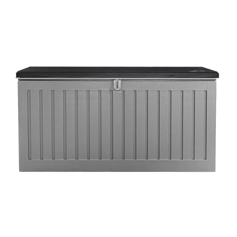 Gardeon Outdoor Storage Box 270L, lockable garden bench, durable grey container for tools and toys, weather-resistant.