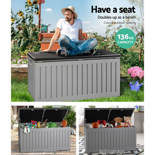 Gardeon 270L Outdoor Storage Box, versatile bench and storage for garden tools, toys, and seasonal items.