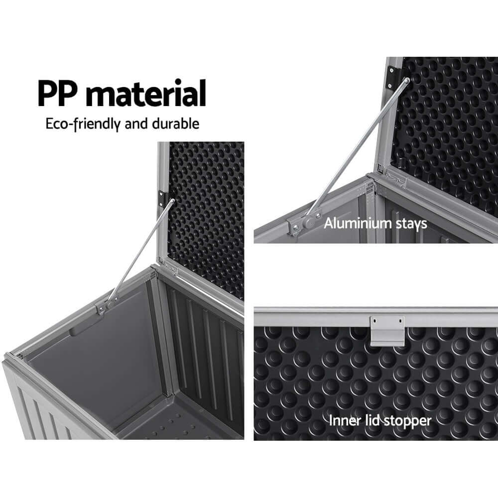 Gardeon outdoor storage box features durable PP material, aluminum stays, and inner lid stopper for efficient storage.