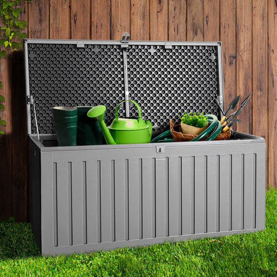 Gardeon 270L outdoor storage box with gardening tools and accessories, perfect for garden organization.