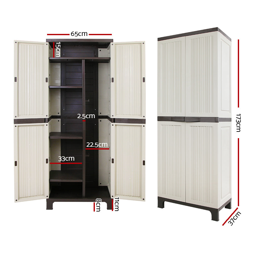 Gardeon Outdoor Storage Cabinet Box 173cm with adjustable shelves, dimensions, and lockable design for stylish outdoor organization.