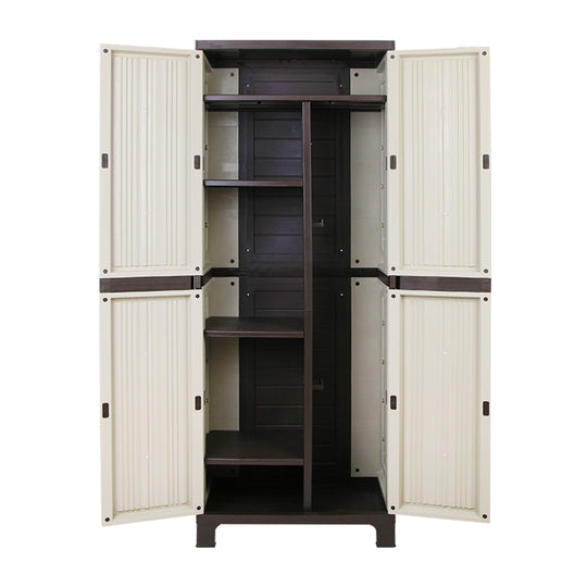 Gardeon beige outdoor storage cabinet with adjustable shelves, lockable and stylish for affordable DIY storage solutions.