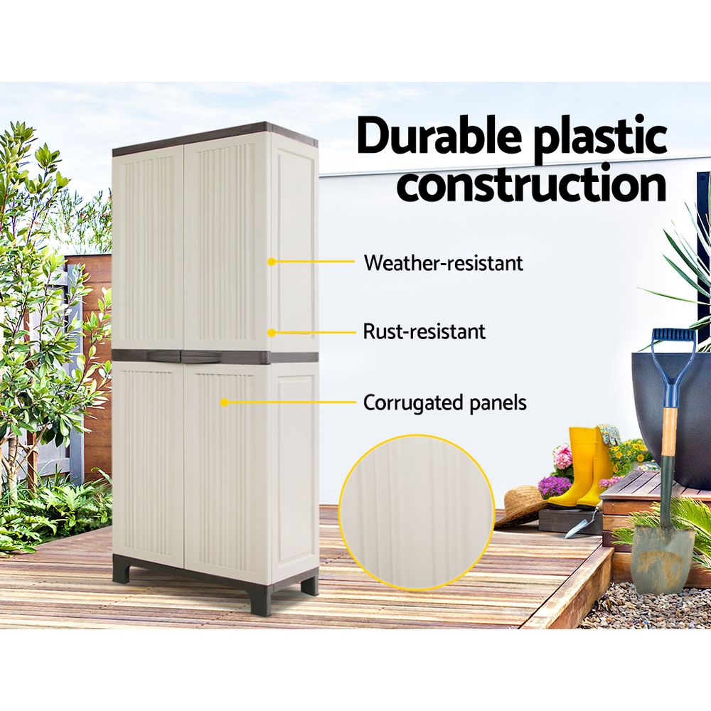 Gardeon outdoor storage cabinet featuring durable, weather-resistant, rust-resistant plastic with corrugated panels.