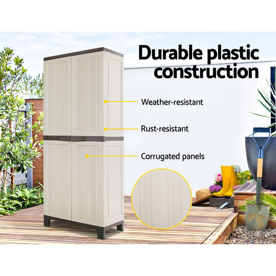 Gardeon outdoor storage cabinet featuring durable, weather-resistant, rust-resistant plastic with corrugated panels.