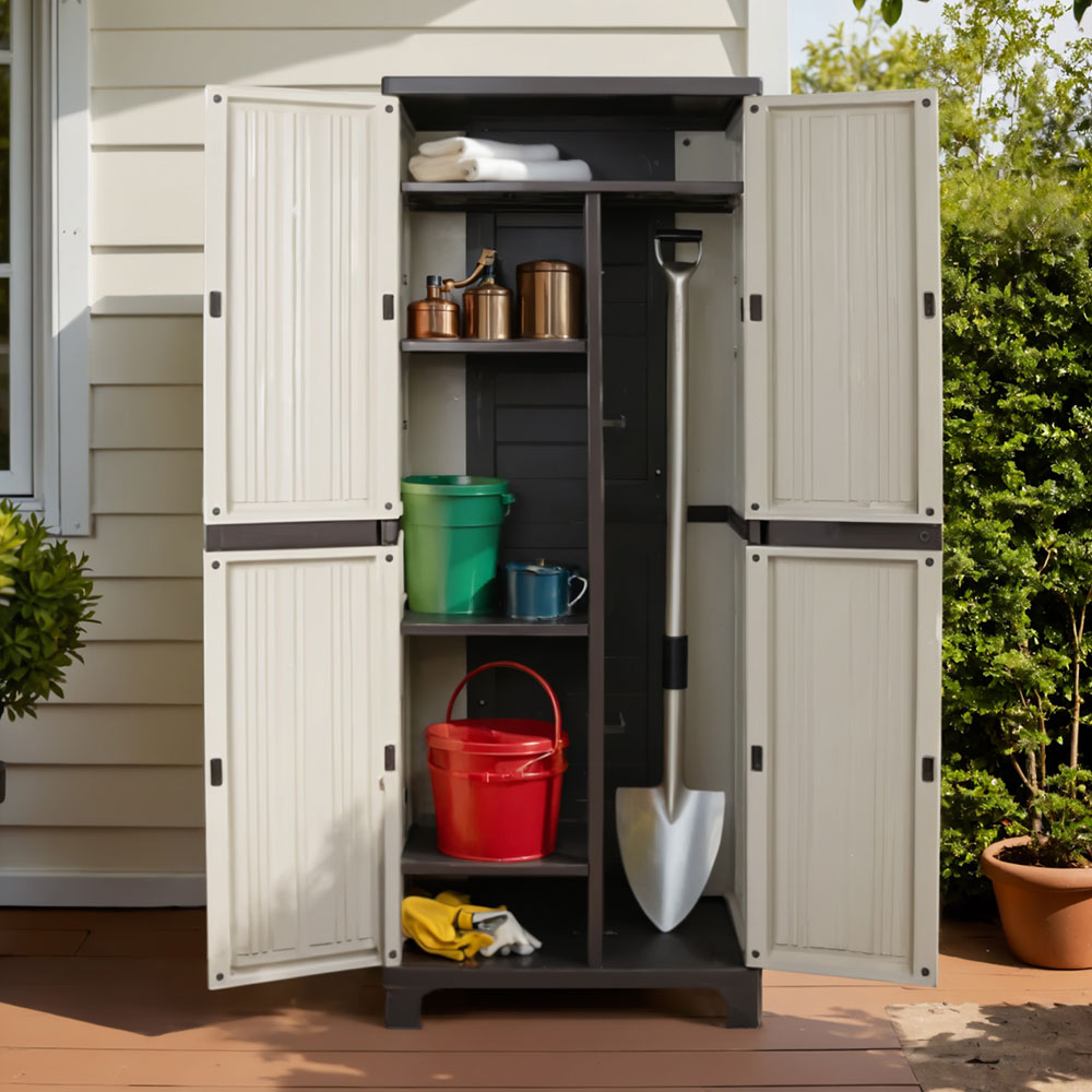 Gardeon 173cm outdoor storage cabinet in beige, showcasing adjustable shelves and lockable design, perfect for DIY organization.