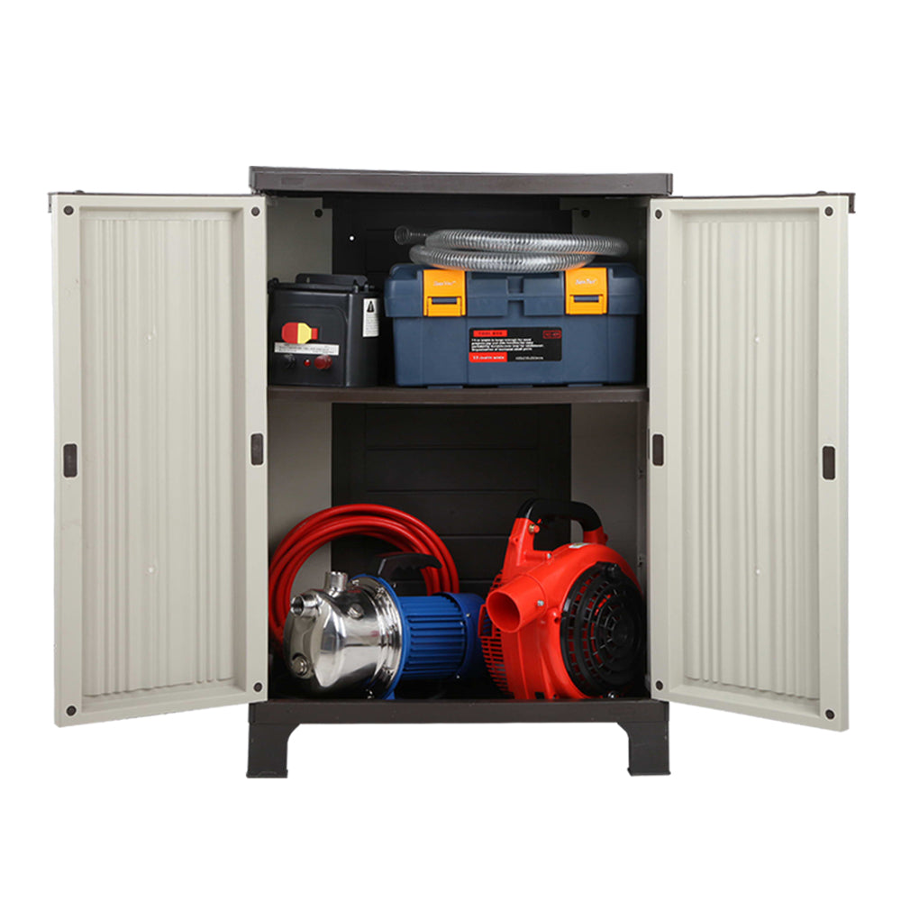 Gardeon beige outdoor storage cabinet with tools and equipment inside, showcasing quality and affordable DIY organization.