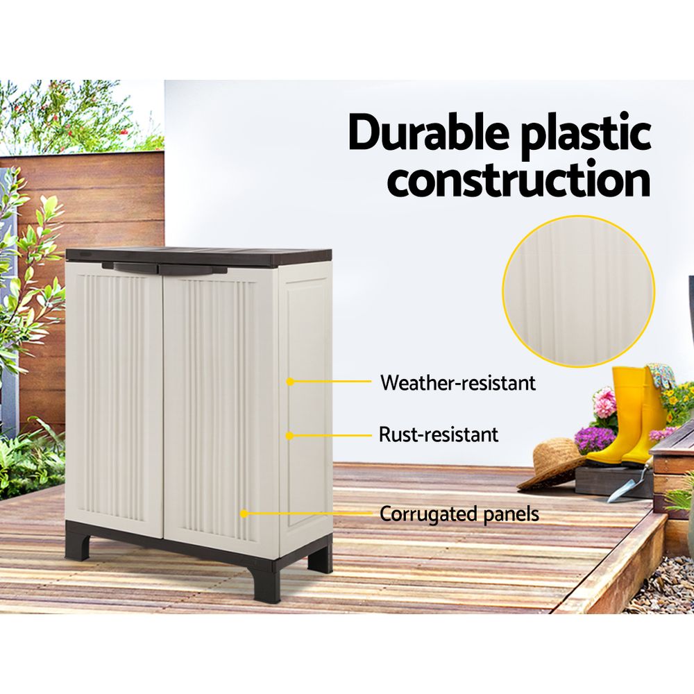 Gardeon outdoor storage cabinet: durable plastic, weather-resistant, rust-resistant, ideal for gardening tools and outdoor equipment.