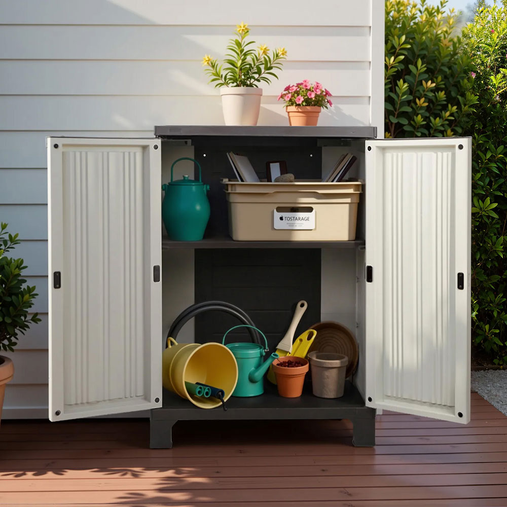 Gardeon outdoor storage cabinet box with plants and gardening tools, ideal for affordable and quality DIY outdoor organization.