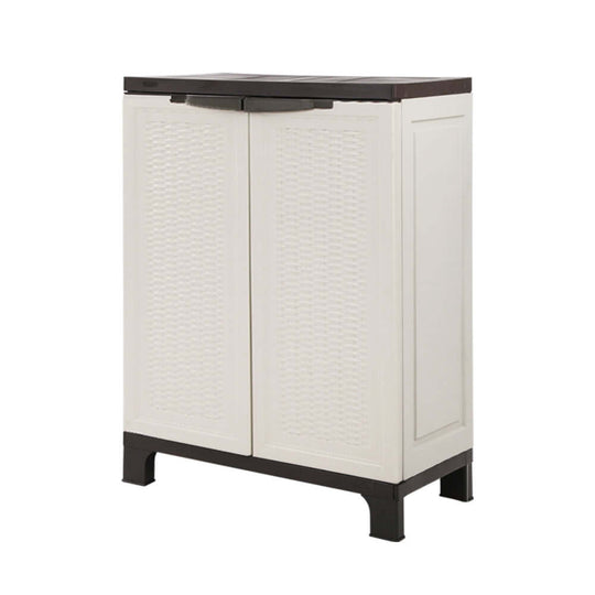 Gardeon lockable outdoor storage cabinet box, 92cm, beige rattan design for DIY gardening tools and small equipment.