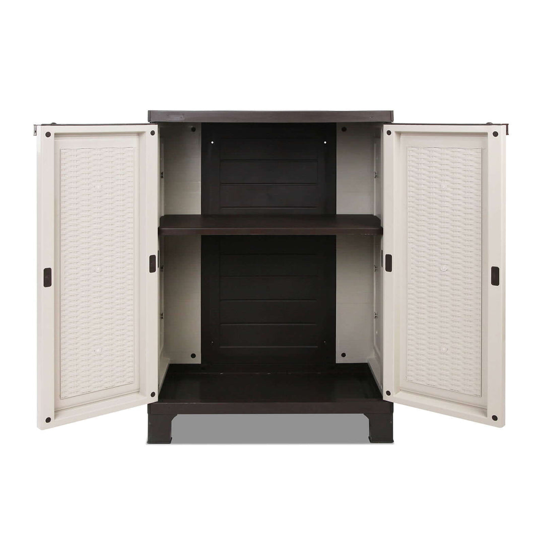 Gardeon Outdoor Storage Cabinet Box 92cm with lockable doors, adjustable shelf, stylish rattan design in beige, ideal for gardening.