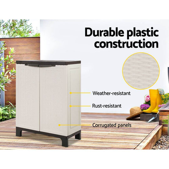 Gardeon outdoor storage cabinet with weather-resistant, rust-resistant, durable plastic construction in beige.