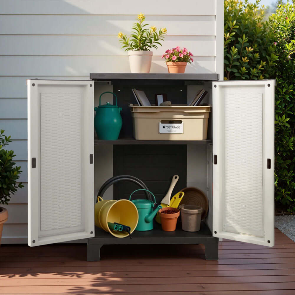 Gardeon outdoor storage cabinet box with open doors showcasing gardening tools and pots, ideal for affordable DIY solutions.