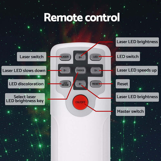 Remote control for Gardeon Party Light with settings for laser LED brightness and effects.