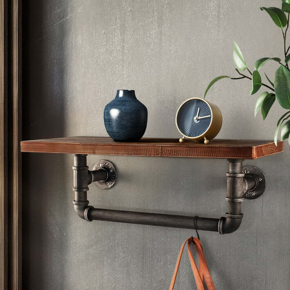 Artiss DIY industrial pipe shelf with rustic wooden top, decorative vase, clock, and plant, perfect for modern interior design.