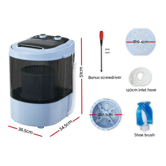 Dimensions and accessories of Devanti Portable Washing Machine 3KG Black including screwdriver, inlet hose, and shoe brush