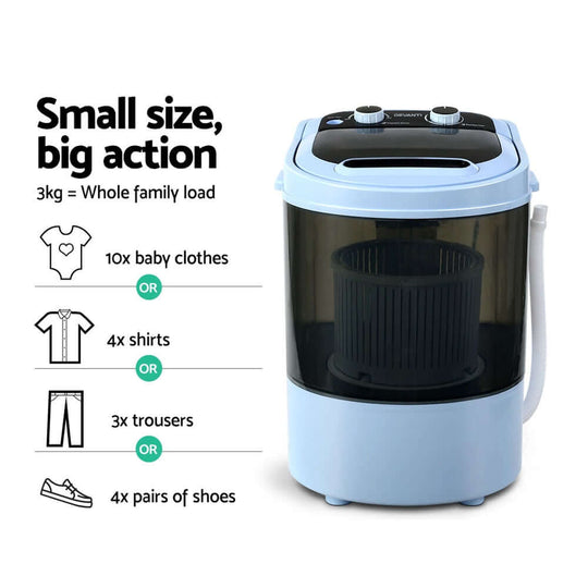 Devanti Portable Washing Machine 3KG black 2-in-1 wash and spin dry design for on-the-go laundry, fits whole family load with ease.