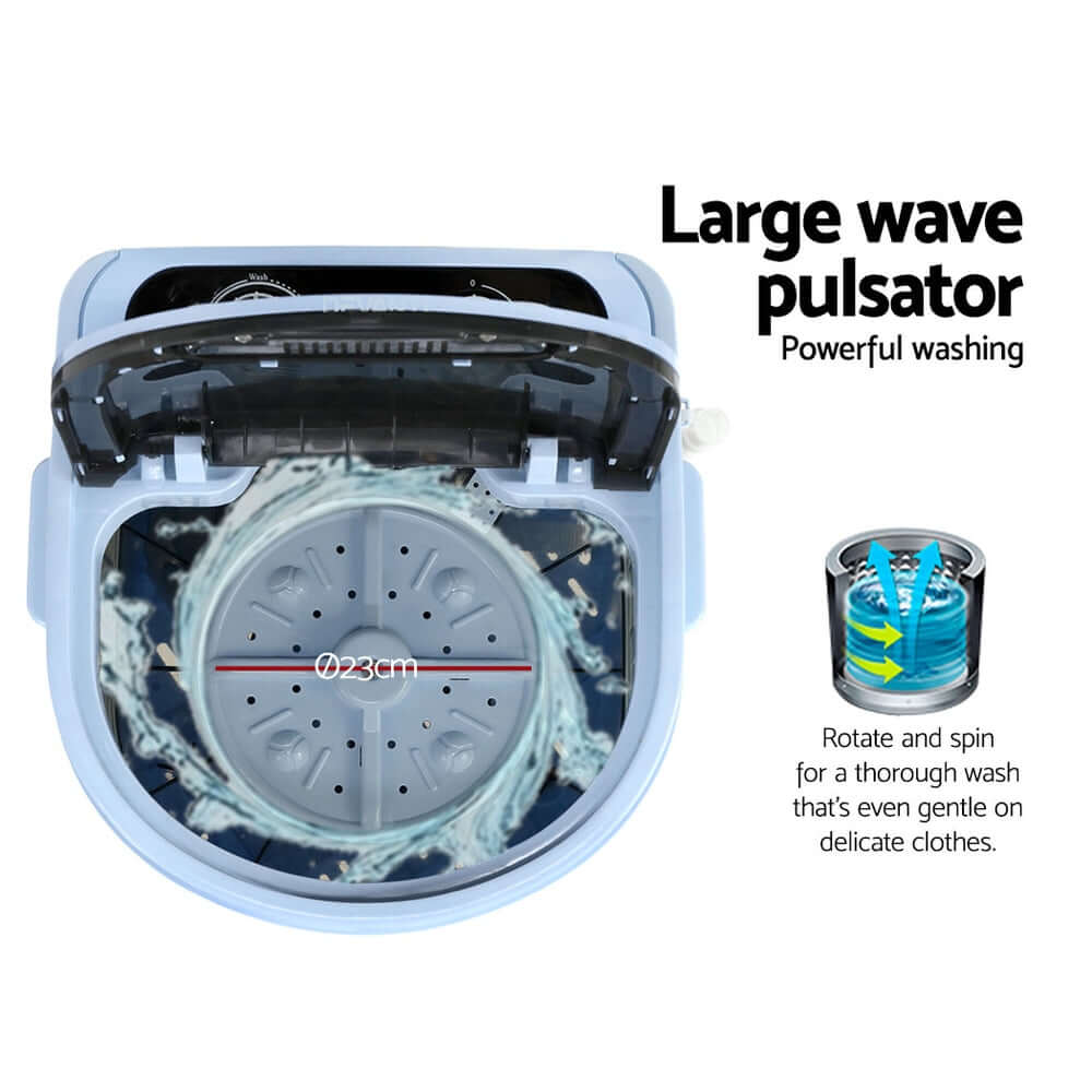 Devanti Portable Washing Machine with large wave pulsator for powerful washing and gentle cleaning. Ideal for road trips and camping.