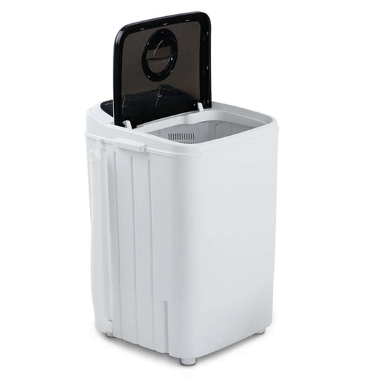 Devanti Portable Washing Machine 4.6KG Black with open lid, lightweight and easy to move for home use, suitable for small spaces.