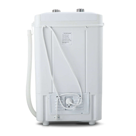 Back view of Devanti Portable Washing Machine 4.6KG Black showing water hose connection and power cord.