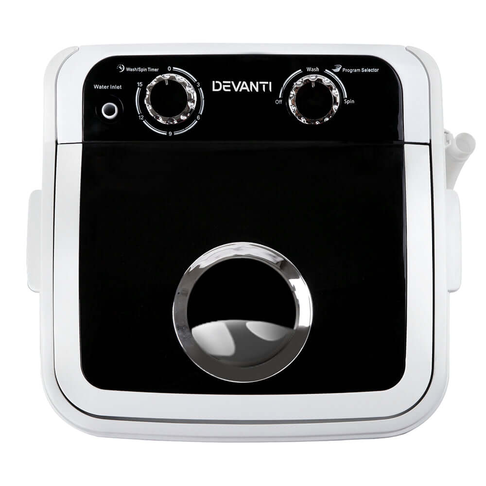 Devanti Portable Washing Machine 4.6KG Black, lightweight and easy to move, front view of compact washer with control dials