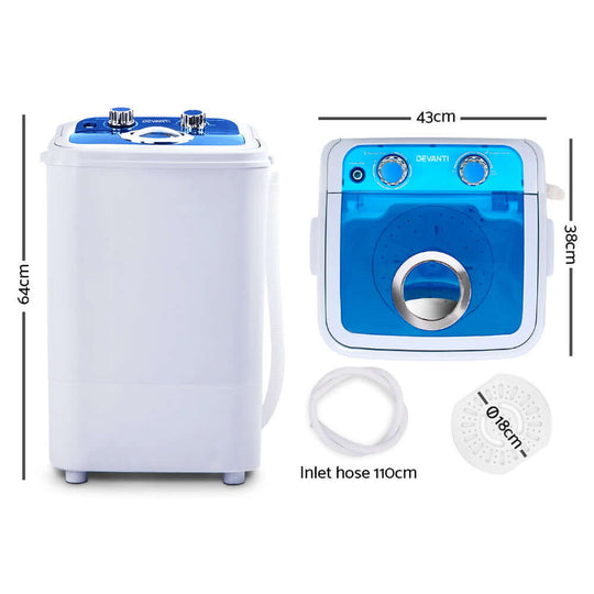 Devanti 4.6KG Mini Portable Washing Machine in blue with dimensions and included accessories