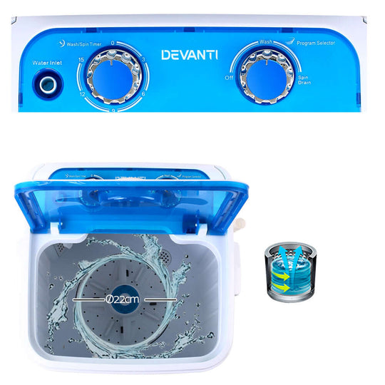 Devanti Portable Washing Machine 4.6KG Blue with 2-in-1 wash and spin dry design for road trips and camping