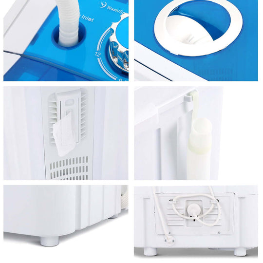 Collage of Devanti Portable Washing Machine 4.6KG Blue featuring inlet hose, control knob, and drainage pipe for camping and road trip laundry.