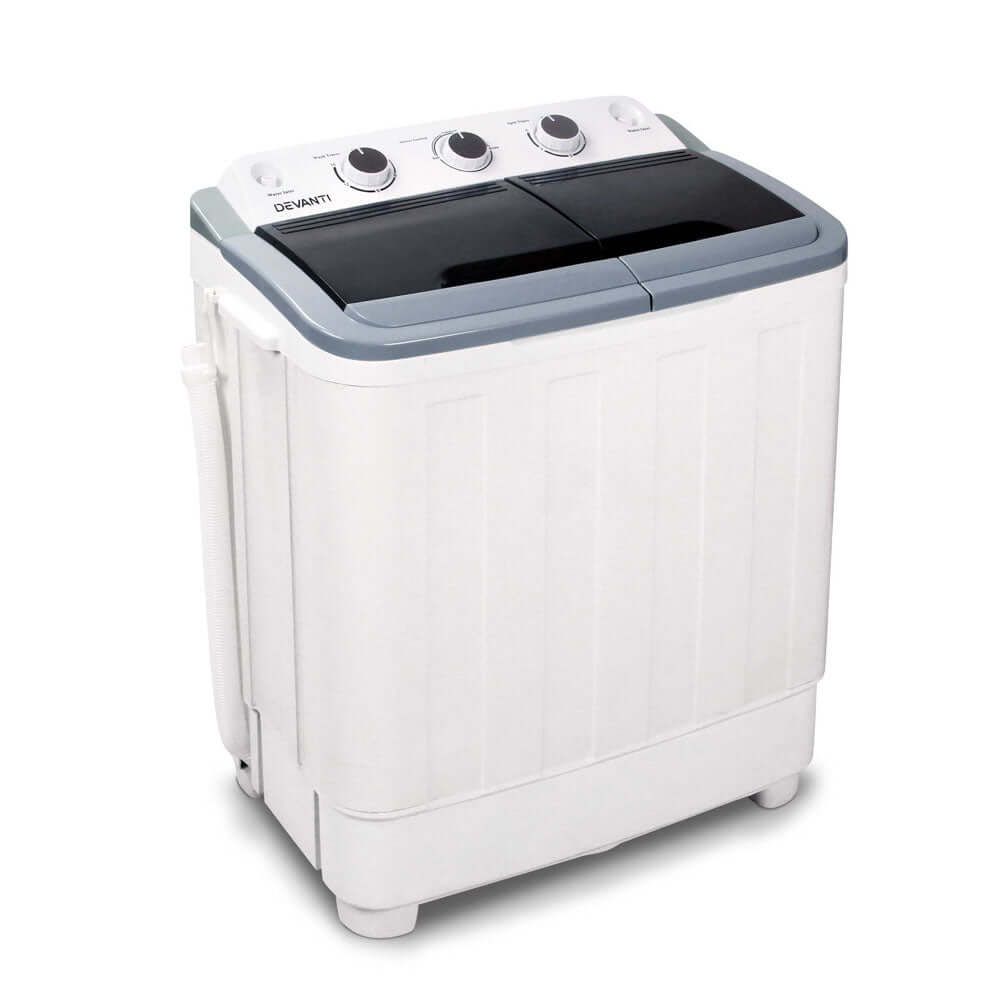 Devanti Portable Washing Machine Twin Tub 5KG White with simple knob control and timer, lightweight design for easy transportation.